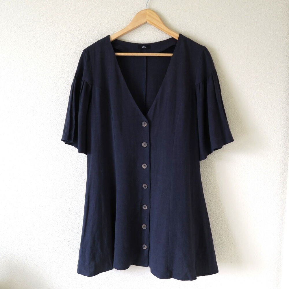 UO LUCCA Dark Blue Bell Sleeve Mini Dress Size M Button Front Boho Feminine